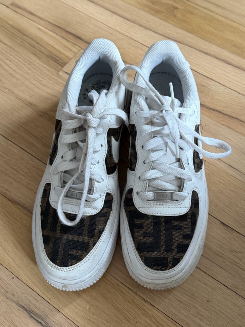 Nike White Sneakers with Fendi Brown Pattern - custom made